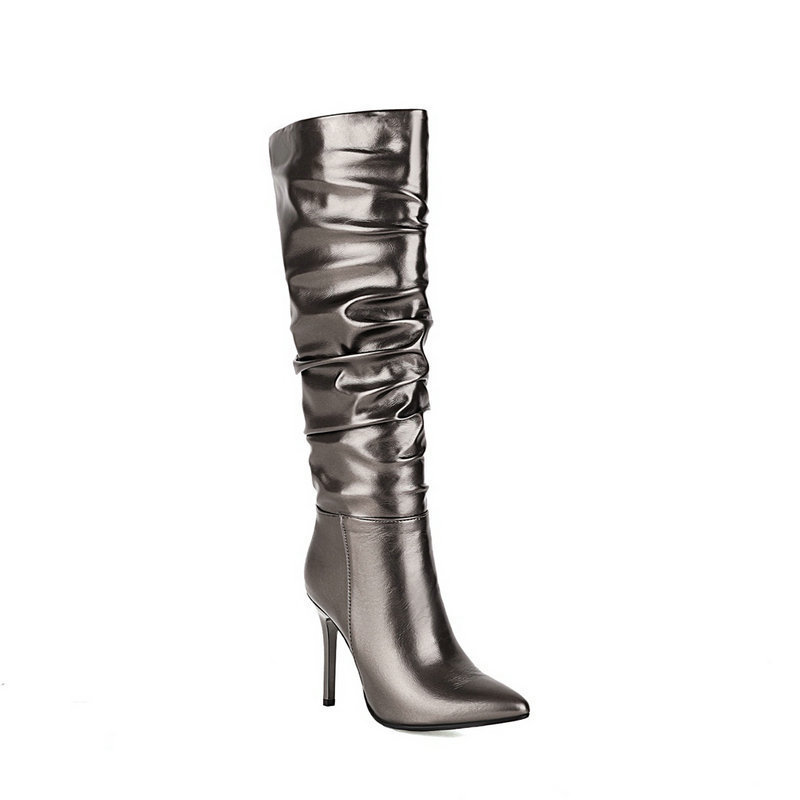 2023 Winter Wide shaft botas de mujer con tacon de cuero arrugado puntiagudo sexy knee high boots for women