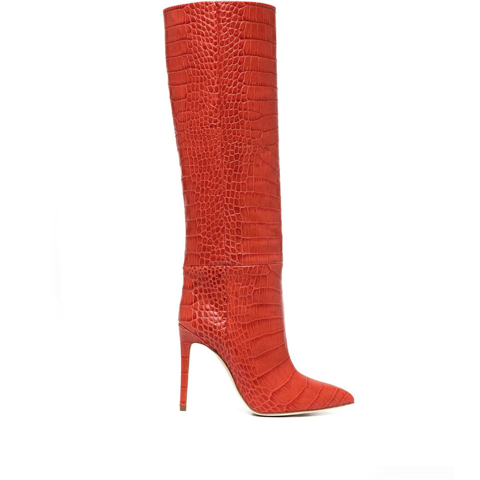 New Arrival Fashion Winter Pink High Heel Pull-on Wide Shaft Women Crocodile Print Knee High Boots