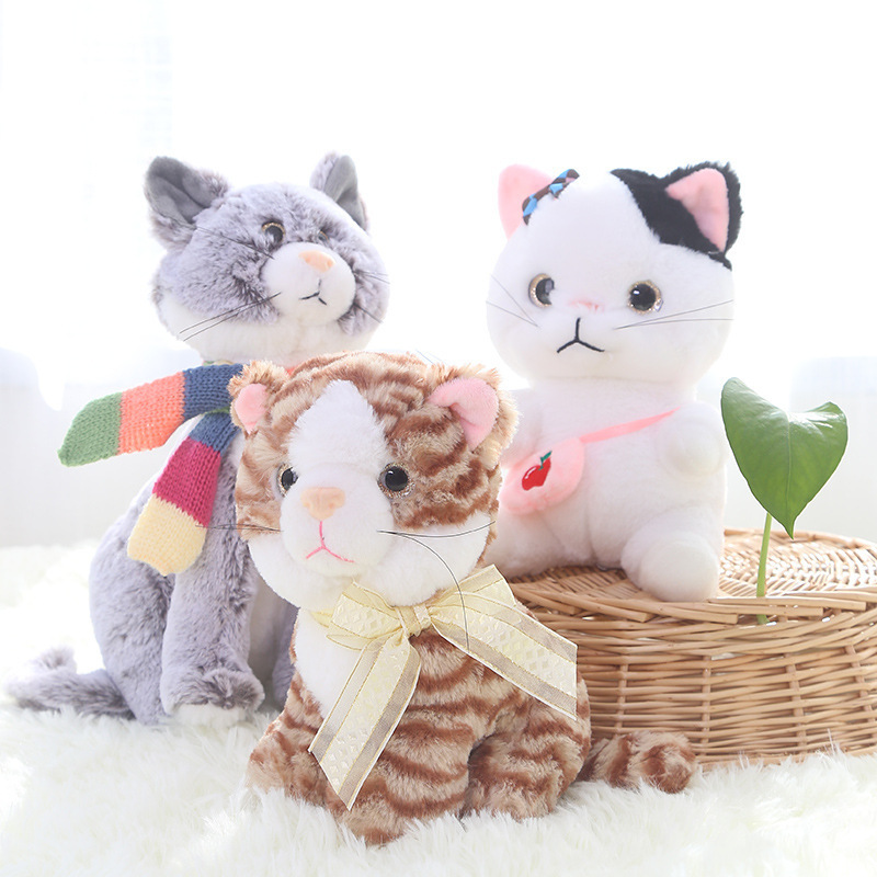 Simulation Animal Cat Plush Toy Lifelike Kitten Stuffed Doll Stuffed Animal Toys Kitty Dolls with Scarf Satchel for Kids Babies