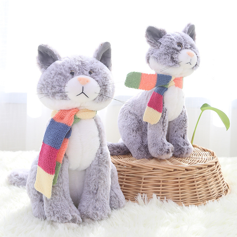 Simulation Animal Cat Plush Toy Lifelike Kitten Stuffed Doll Stuffed Animal Toys Kitty Dolls with Scarf Satchel for Kids Babies