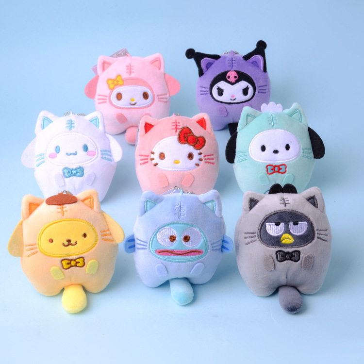 10cm Pink KT CAT Plush Toys My Melody Kuromi Cinnamoroll Plush Dolls Pacha Dog Stuffed Keychain Claw Machine Kuromi Stuffed Toys