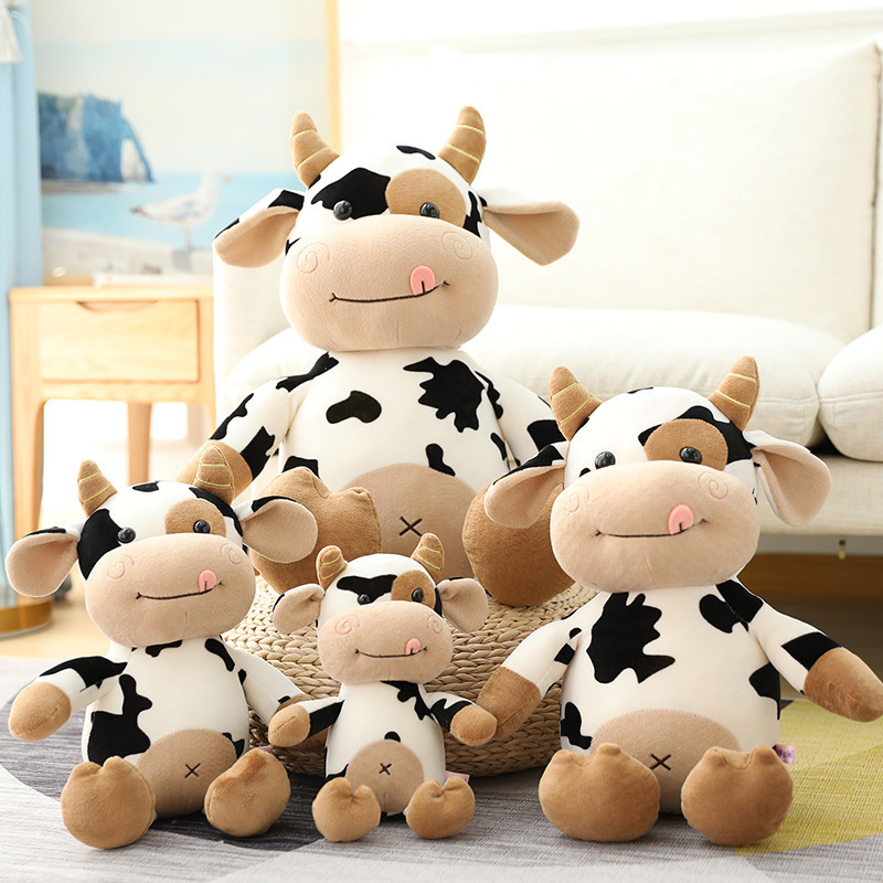 Hot Selling Stuff Sleeping Animal Doll Plush Animal Simulation Bull Toys Lifelike Brown White Toy Cow Plush Toys for Baby Kids