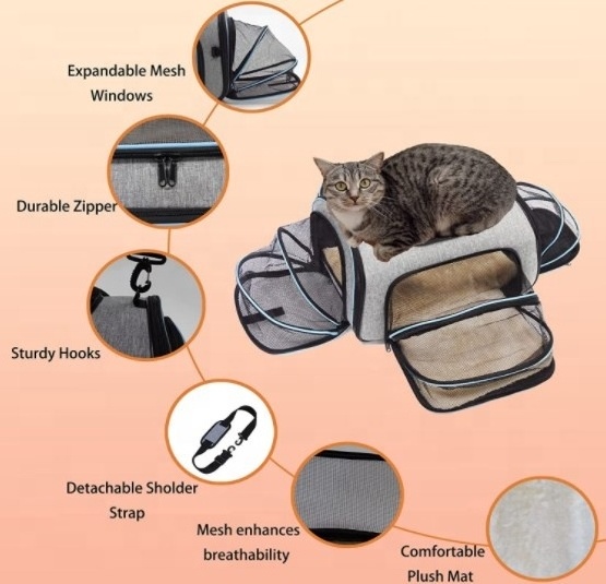 4 Sides Expandable Pet Travel Carrier Bag For Dogs Cats collapsible Breathable large capacity pet bag with Removable Fleece Pad