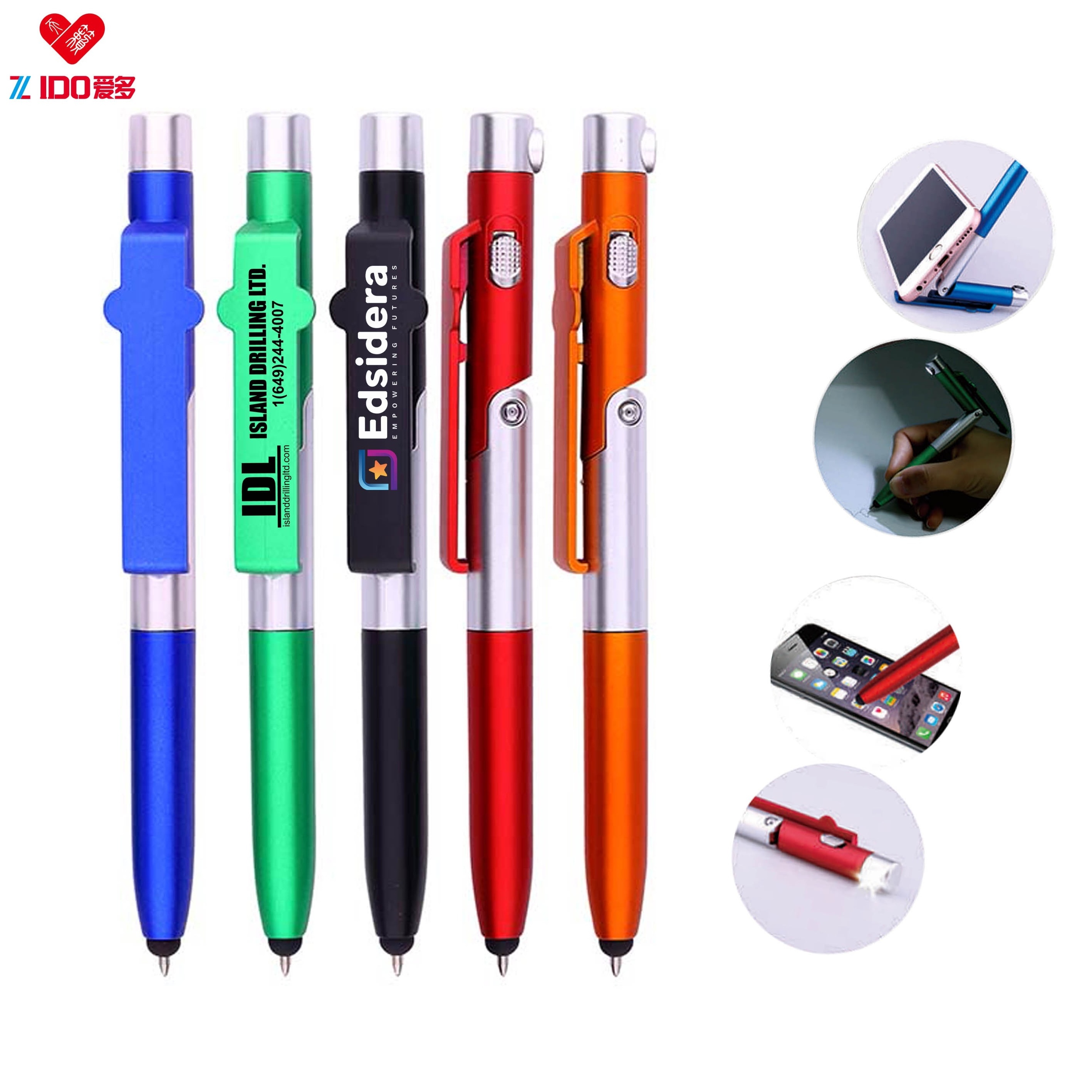 Best Gift Custom Logo 5-in-1 Light Touch Phone Holder Pen Novelty Business Promotional Pen Hot Selling Plastic Pen