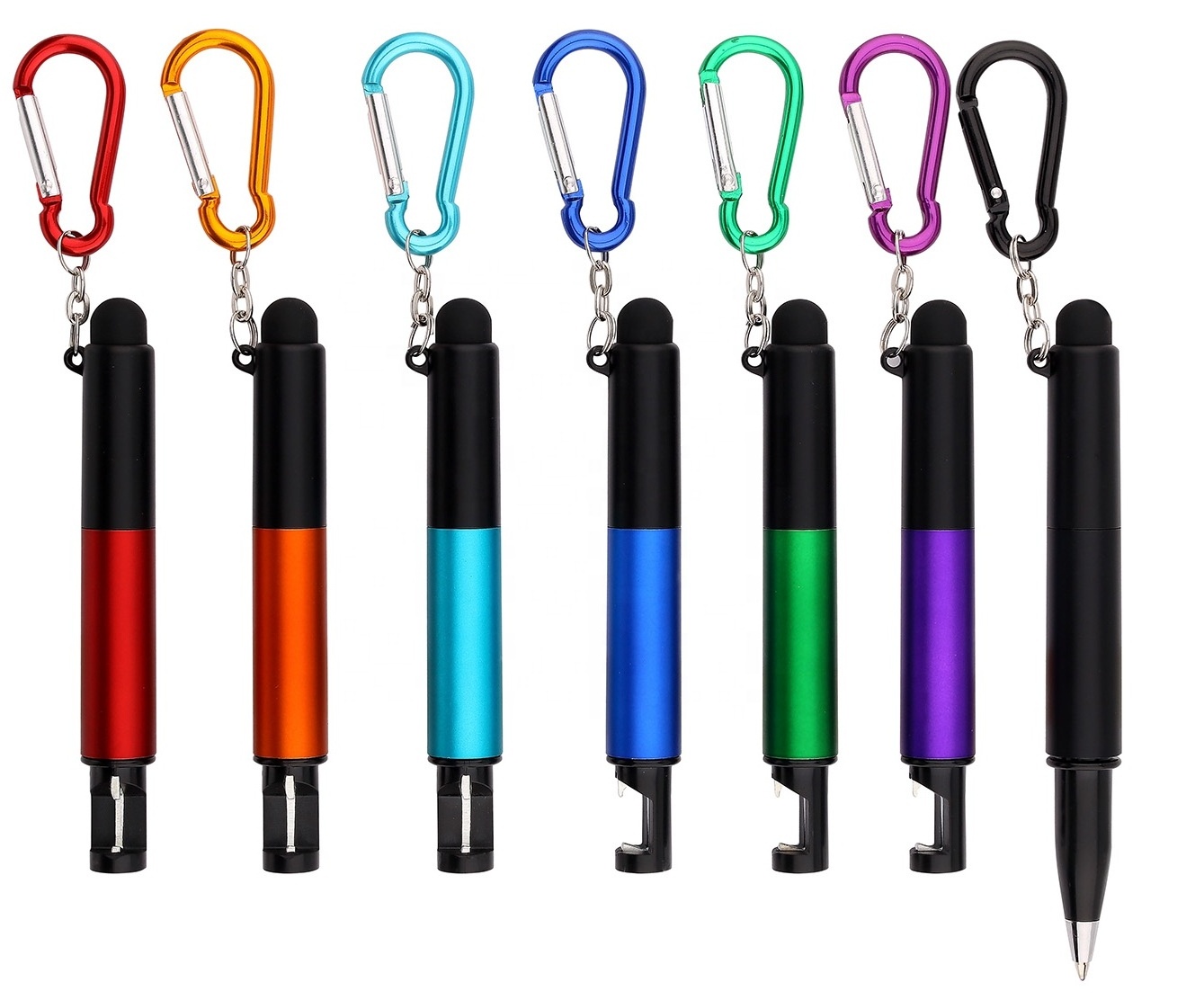 Customized promotional 4 in 1 stylus pen with bottle opener and LED light for gift bottle opener pen carabiner keychain pen