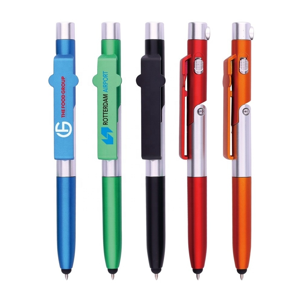 Best Gift Custom Logo 5-in-1 Light Touch Phone Holder Pen Novelty Business Promotional Pen Hot Selling Plastic Pen