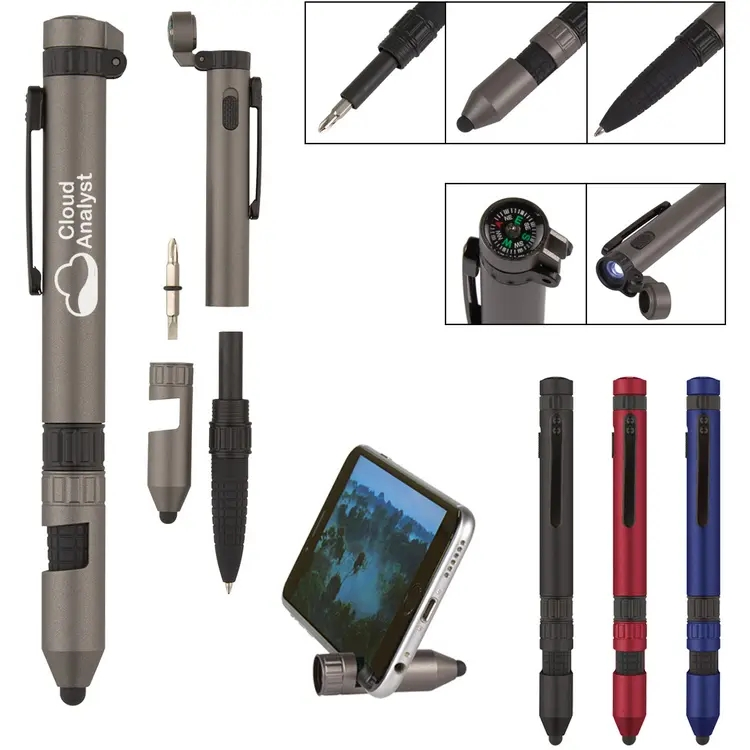 7 in 1 utility quest multi tool ball pen with Field Compass torch stylus mobile phone holder