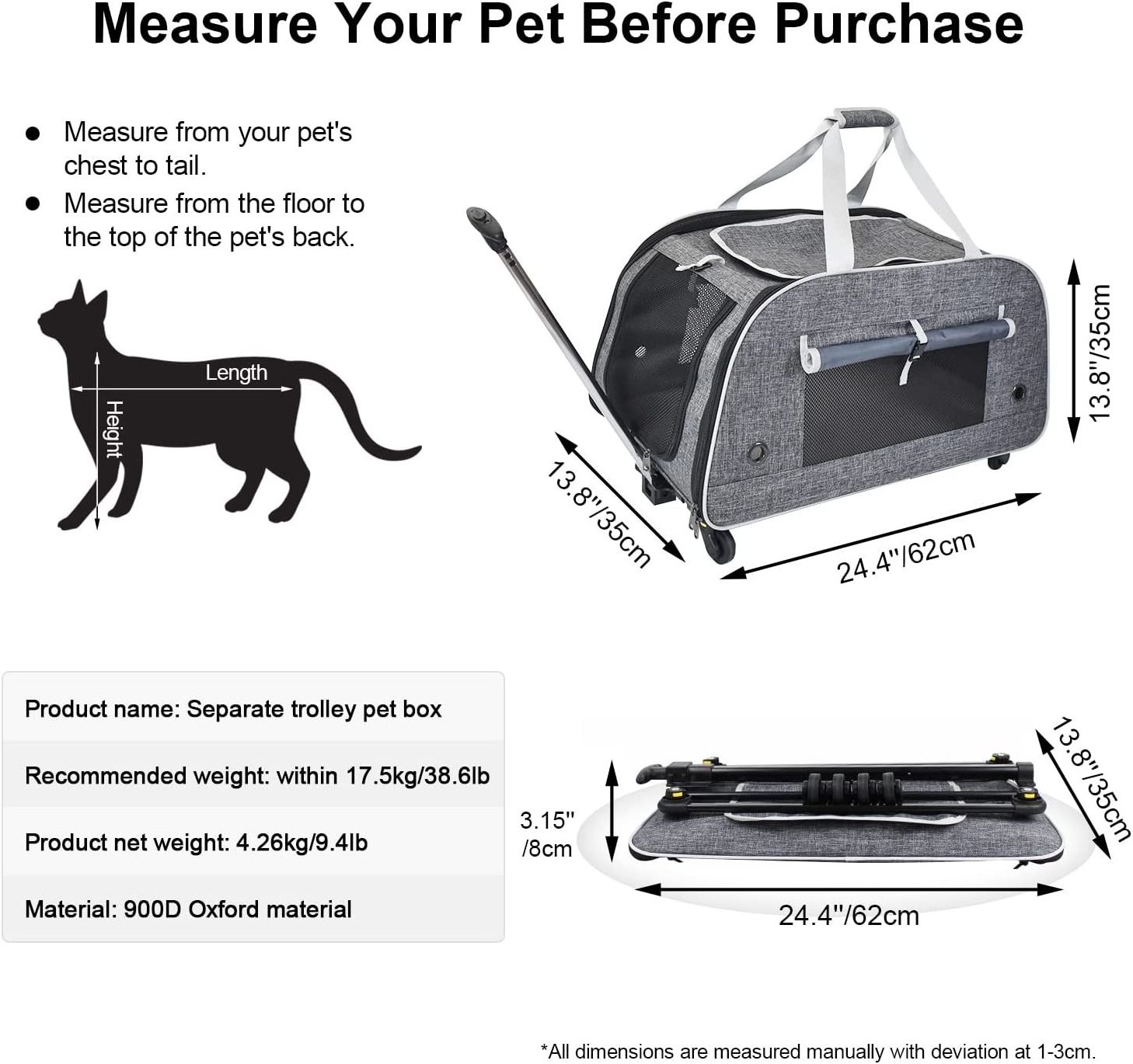 Custom Logo 4 Wheels Carrier Foldable Pet Trolley Travel Bag With Detachable Wheels