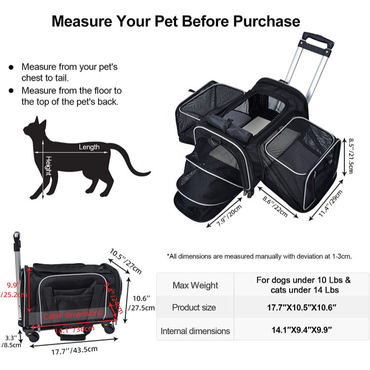 Wheeled Adjustable Large Size Transport Oxford Expandable Cat Carrier Dog Trolley Backpack Folding Pet Travel Bag