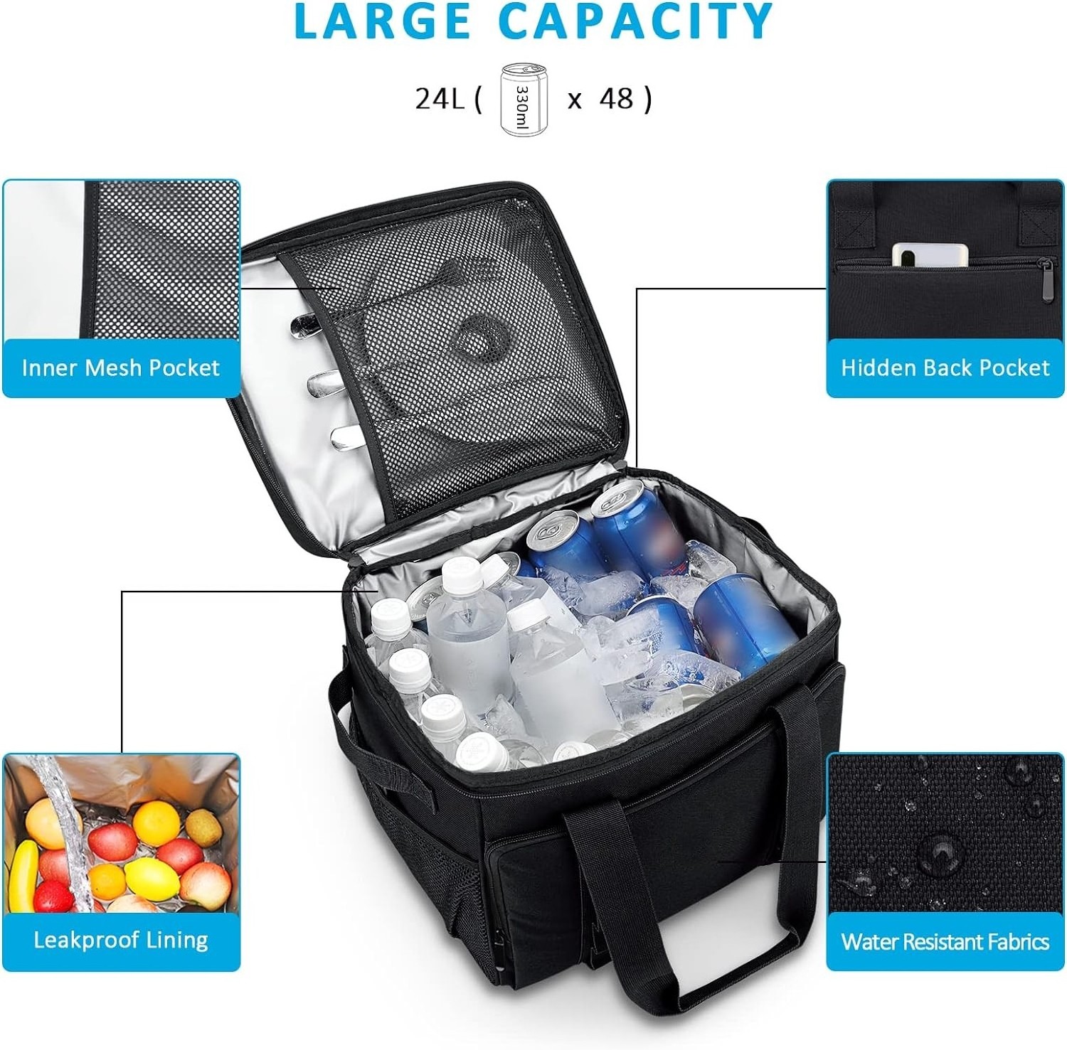 24L Durable Soft Shoulder Large Capacity Black Cooler Bag Insulated for Keep Cool Fresh Food