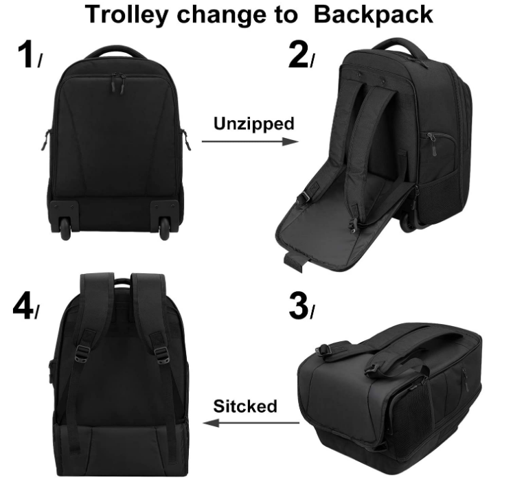 Factory Multi Functional Carry On Wheeled Backpack Business Travel Removable Hand Trolley Luggage Backpack with 2 Wheels