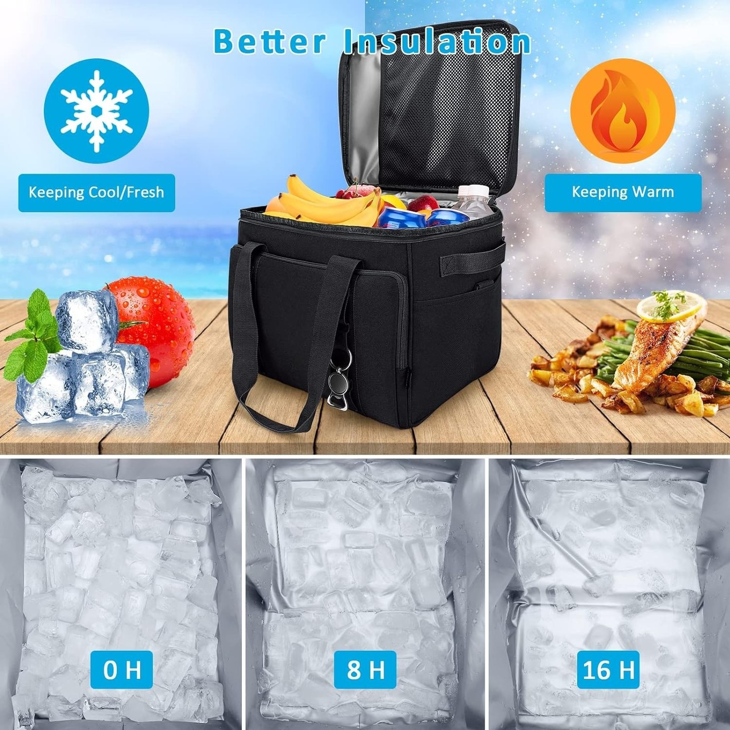 24L Durable Soft Shoulder Large Capacity Black Cooler Bag Insulated for Keep Cool Fresh Food