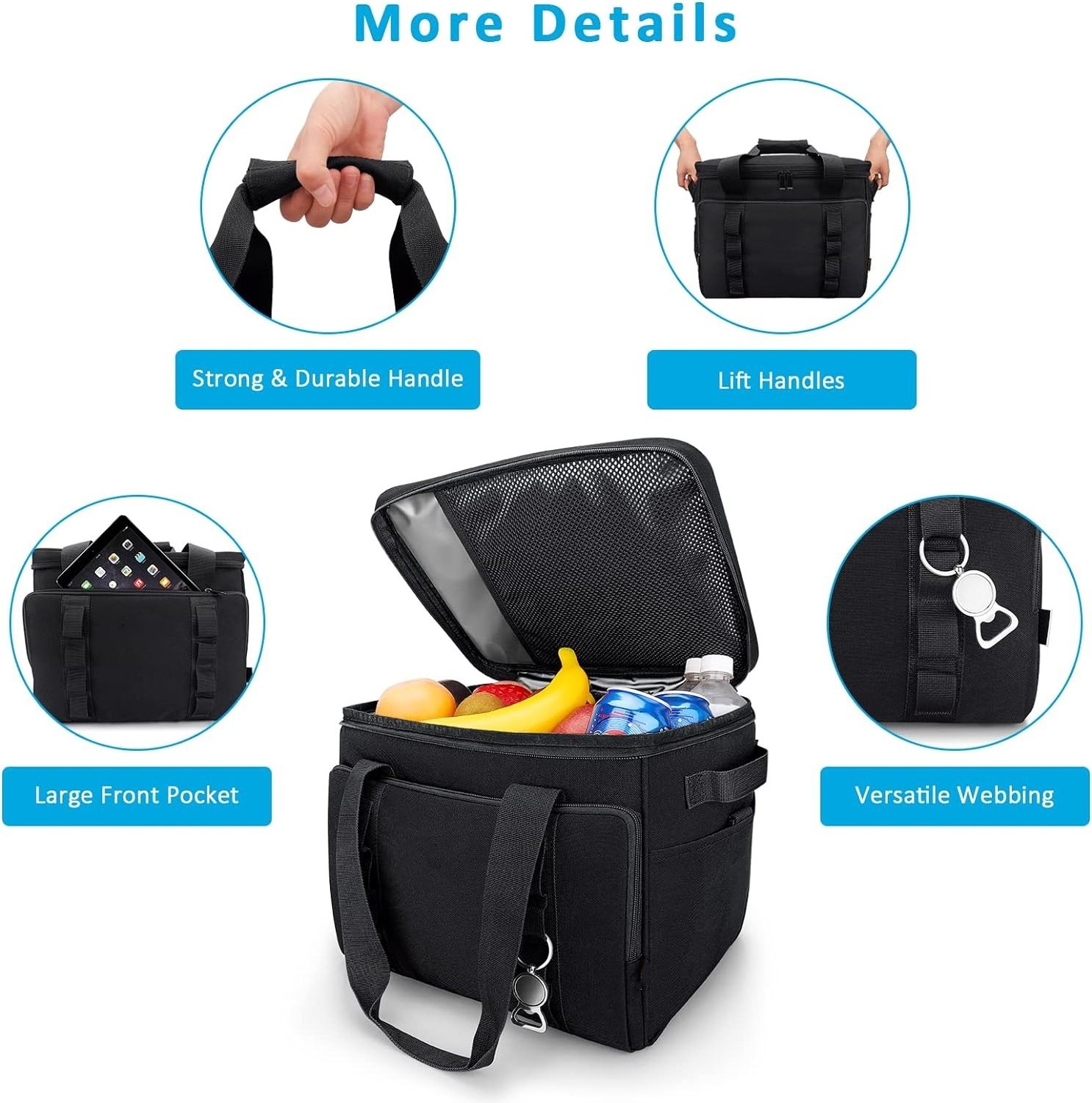 24L Durable Soft Shoulder Large Capacity Black Cooler Bag Insulated for Keep Cool Fresh Food