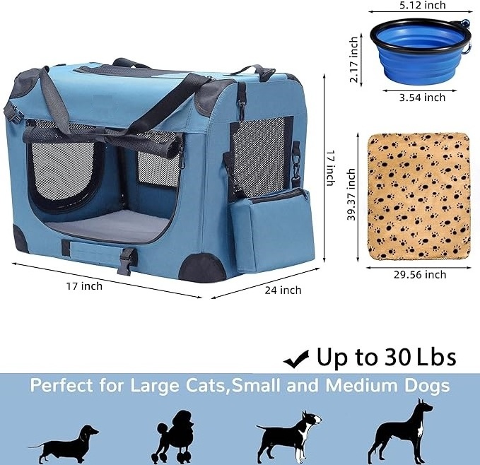 Portable Collapsible Dog Crate Travel Dog Crate with Soft Warm Blanket and Foldable Bowl for Large Cats & Small Dogs Indoor