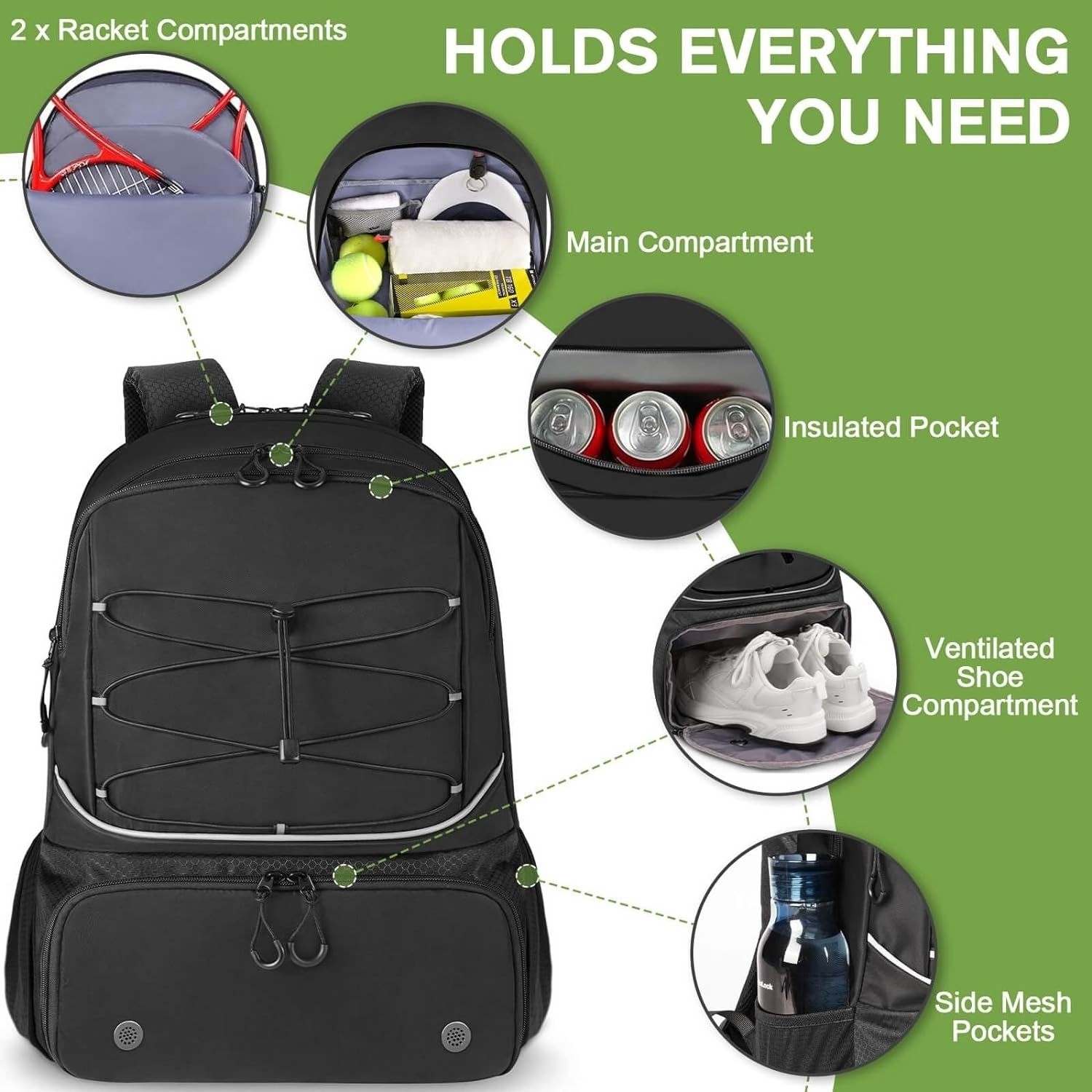 Large Capacity Lightweight Tennis Racquet Bag Backpack with Insulated Pocket for Women Men