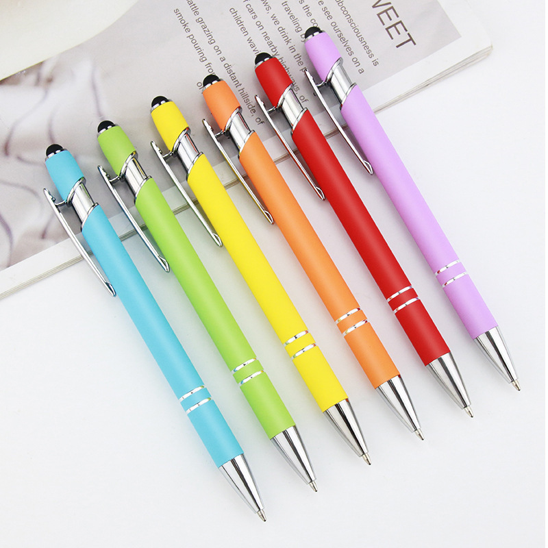 custom logo rubberized aluminum pen soft touch metal pen with stylus for advertising