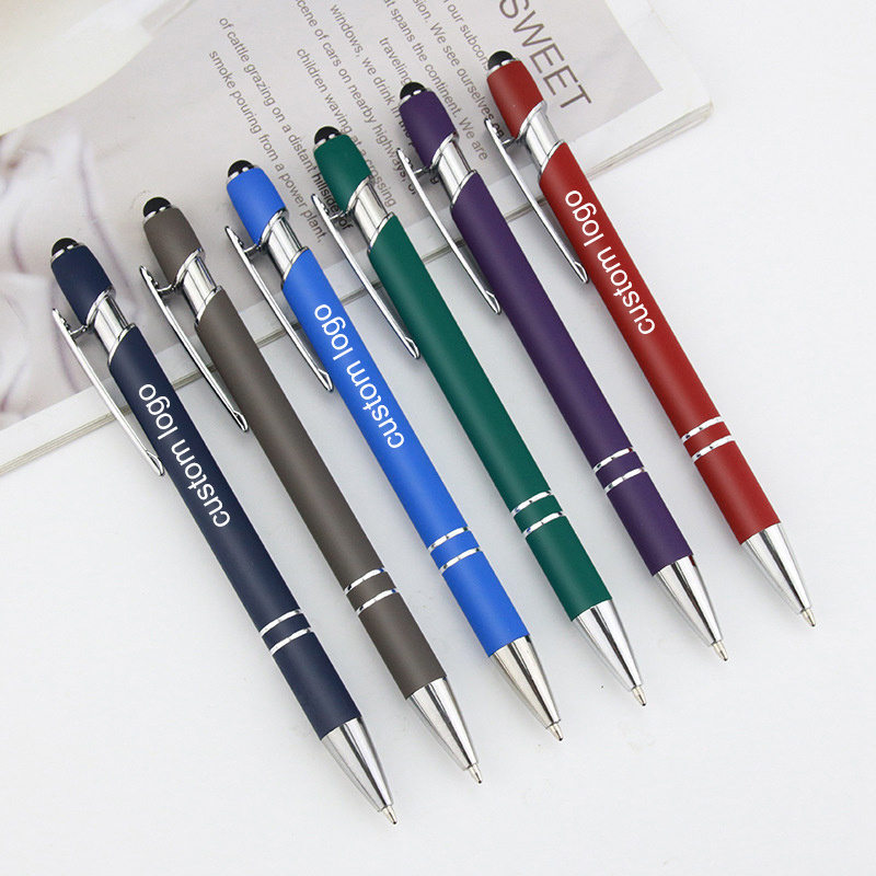 custom logo rubberized aluminum pen soft touch metal pen with stylus for advertising