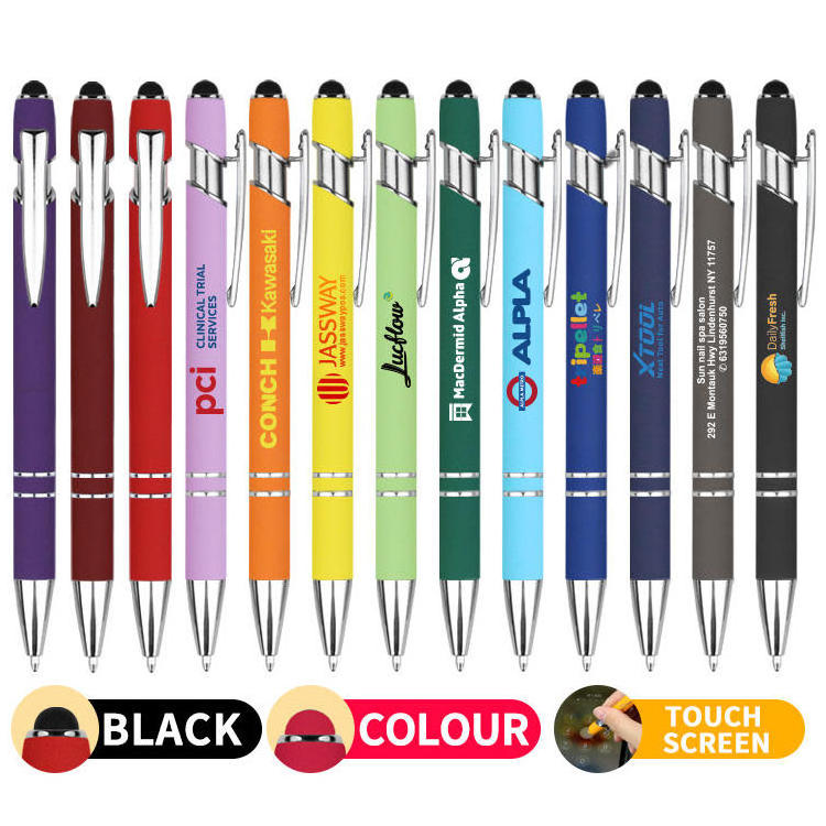 custom logo rubberized aluminum pen soft touch metal pen with stylus for advertising