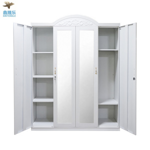 New design metal closet 4 swing door embossed wardrobe armario para ropa con espejo ropero