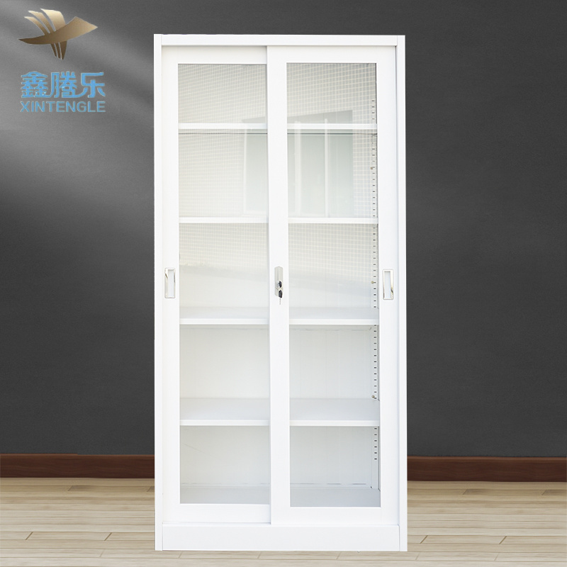 New design white metal steel sliding front locking glass storage archive metal cabinet with sliding track