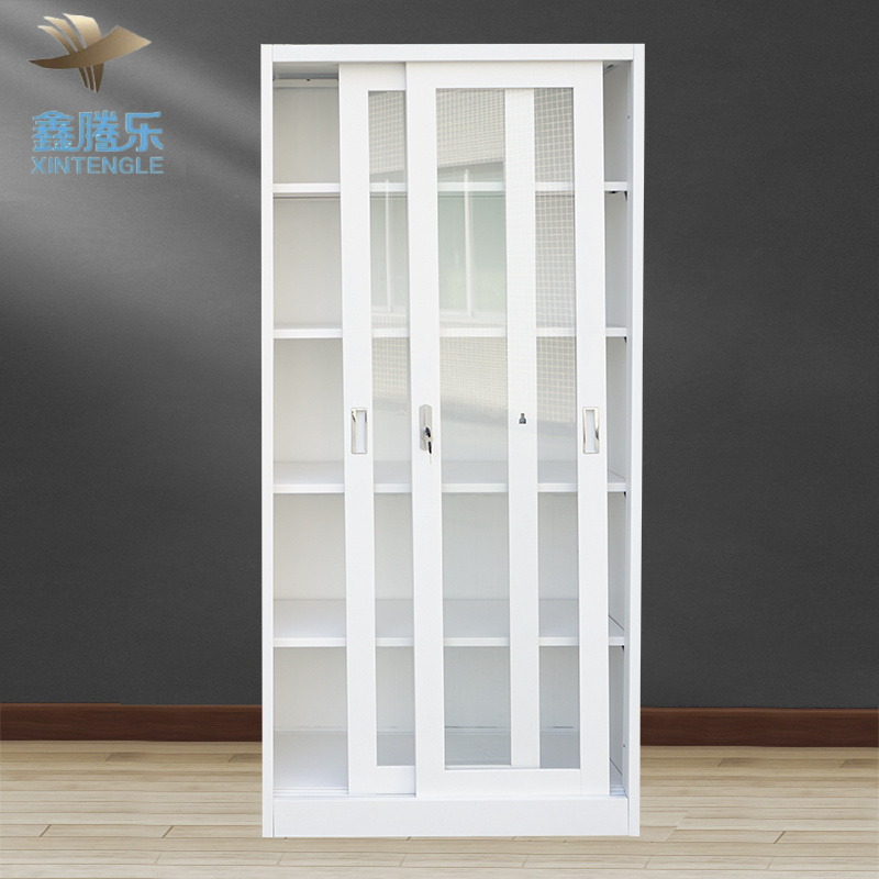 New design white metal steel sliding front locking glass storage archive metal cabinet with sliding track