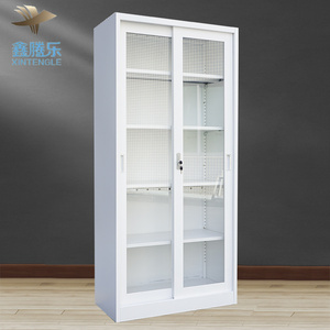 New design white metal steel sliding front locking glass storage archive metal cabinet with sliding track