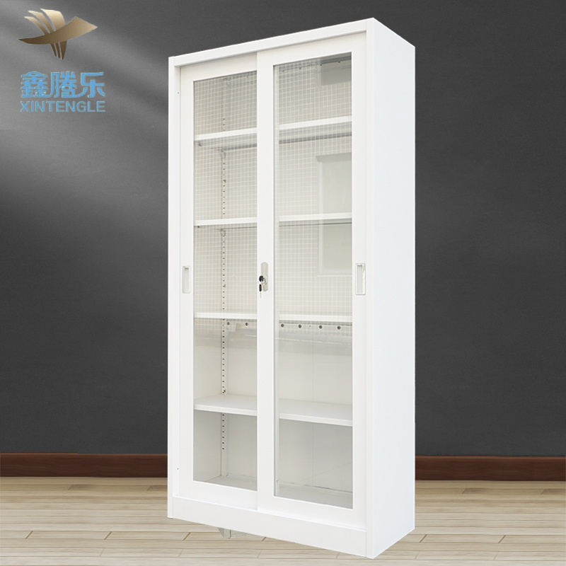 New design white metal steel sliding front locking glass storage archive metal cabinet with sliding track