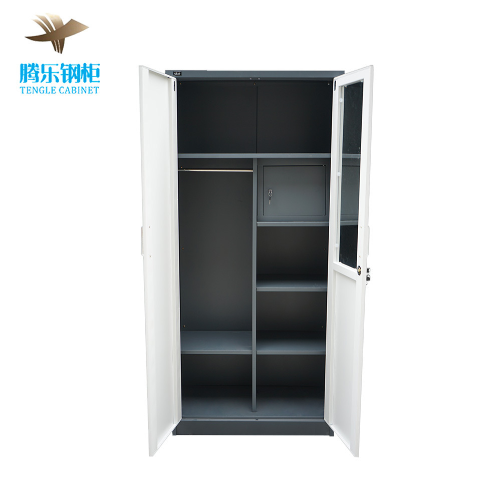 Double Door Steel Wardrobe Almirah Cabinet Flower Transfer Metal Closet Mirror for Bedroom Home Furniture Use