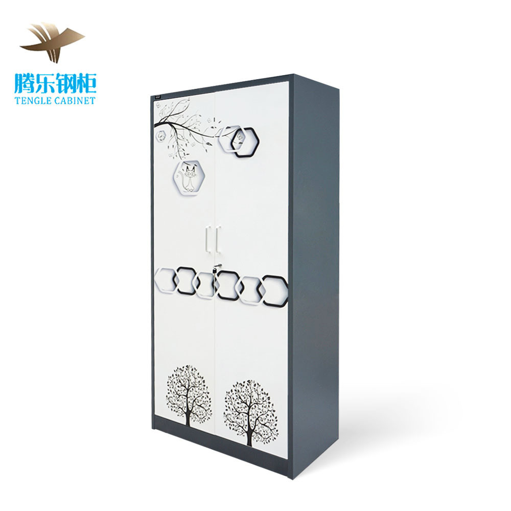 Double Door Steel Wardrobe Almirah Cabinet Flower Transfer Metal Closet Mirror for Bedroom Home Furniture Use