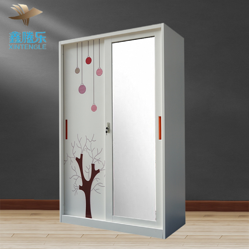 Customized Printed Pattern Indonesia Steel Sliding Bedroom Wardrobe Lemari Pakaian Kamar Tidur Geser Baja Home Furniture