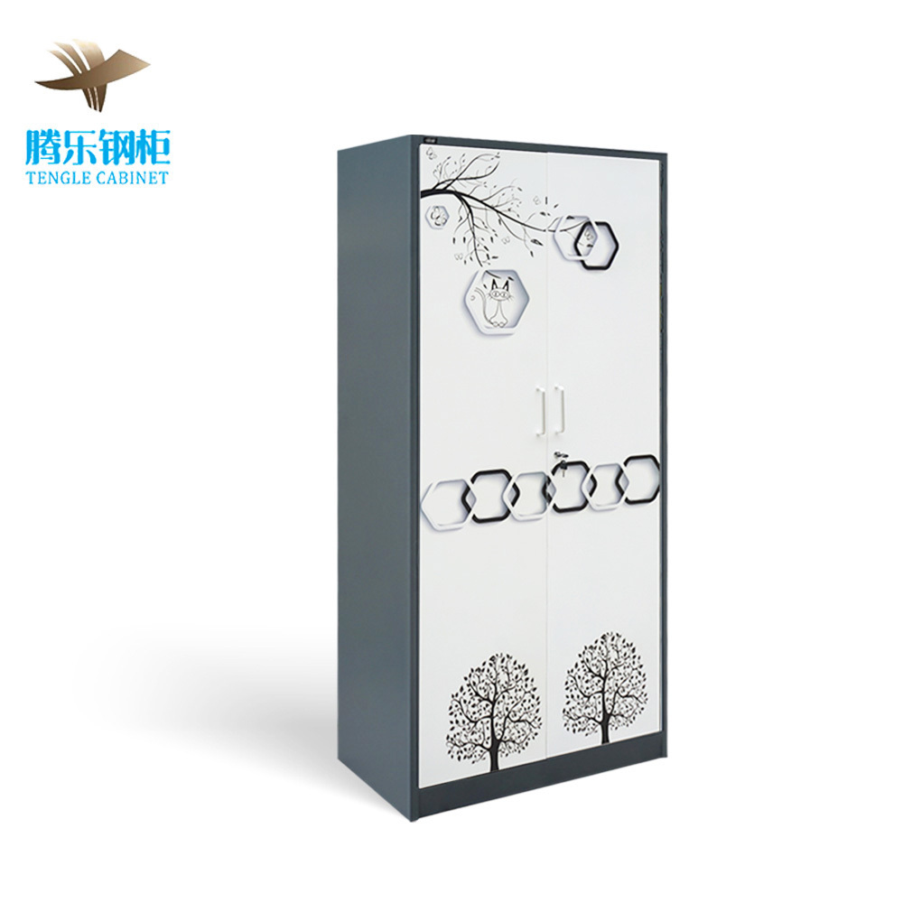 Double Door Steel Wardrobe Almirah Cabinet Flower Transfer Metal Closet Mirror for Bedroom Home Furniture Use