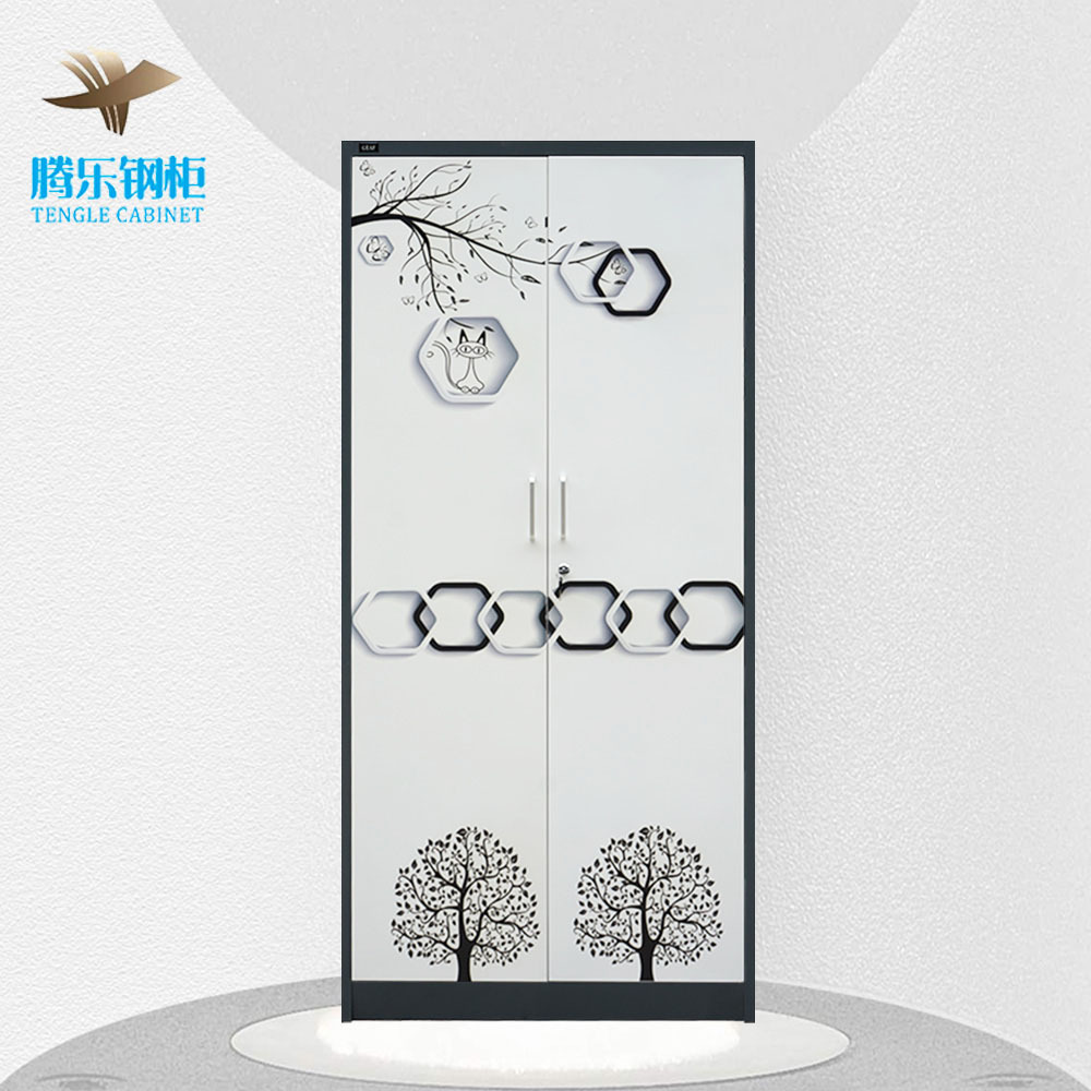 Double Door Steel Wardrobe Almirah Cabinet Flower Transfer Metal Closet Mirror for Bedroom Home Furniture Use