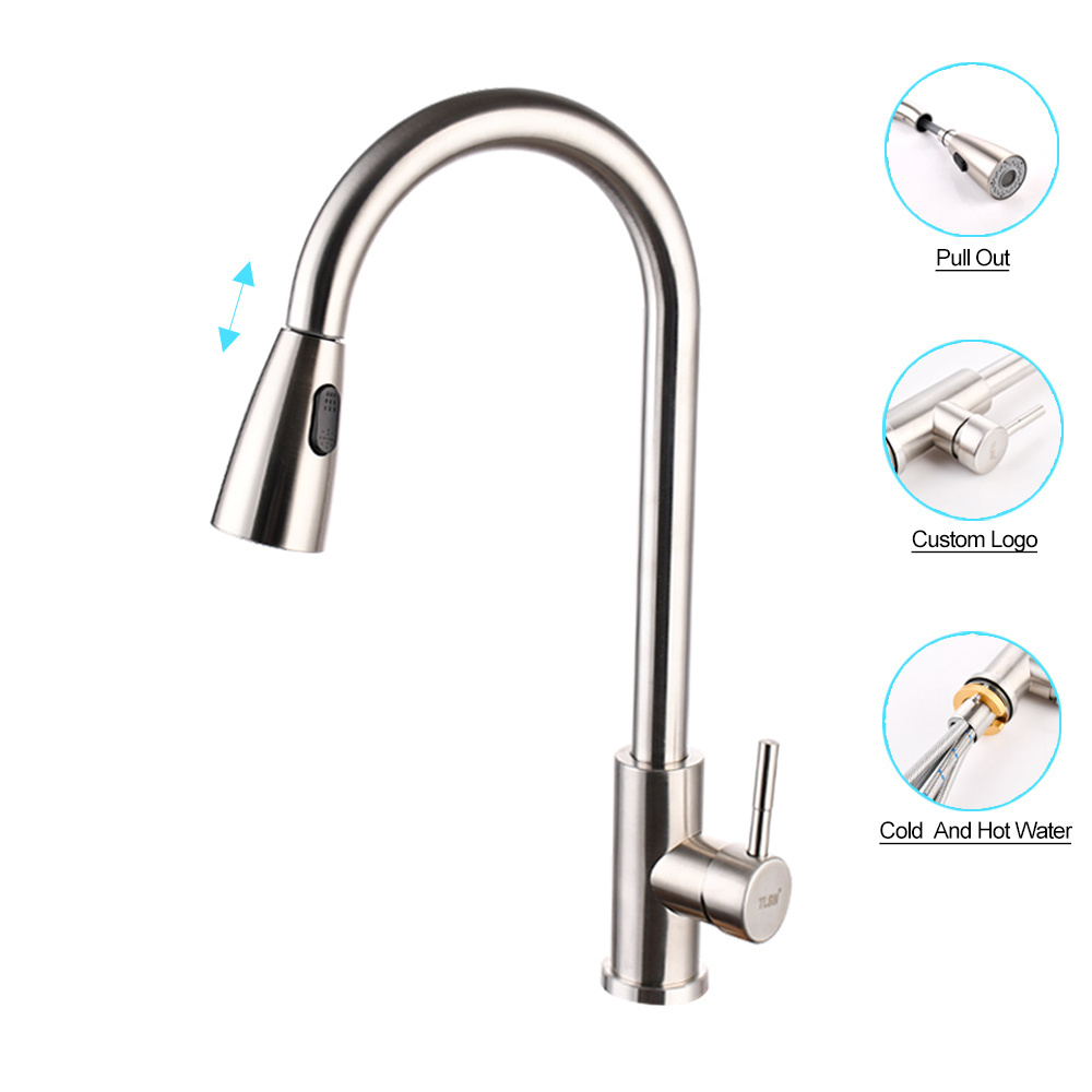 Stainless Steel 360 Pull Out Down Black Sink Kitchen Faucet Mixer Hot Cold Water Tap