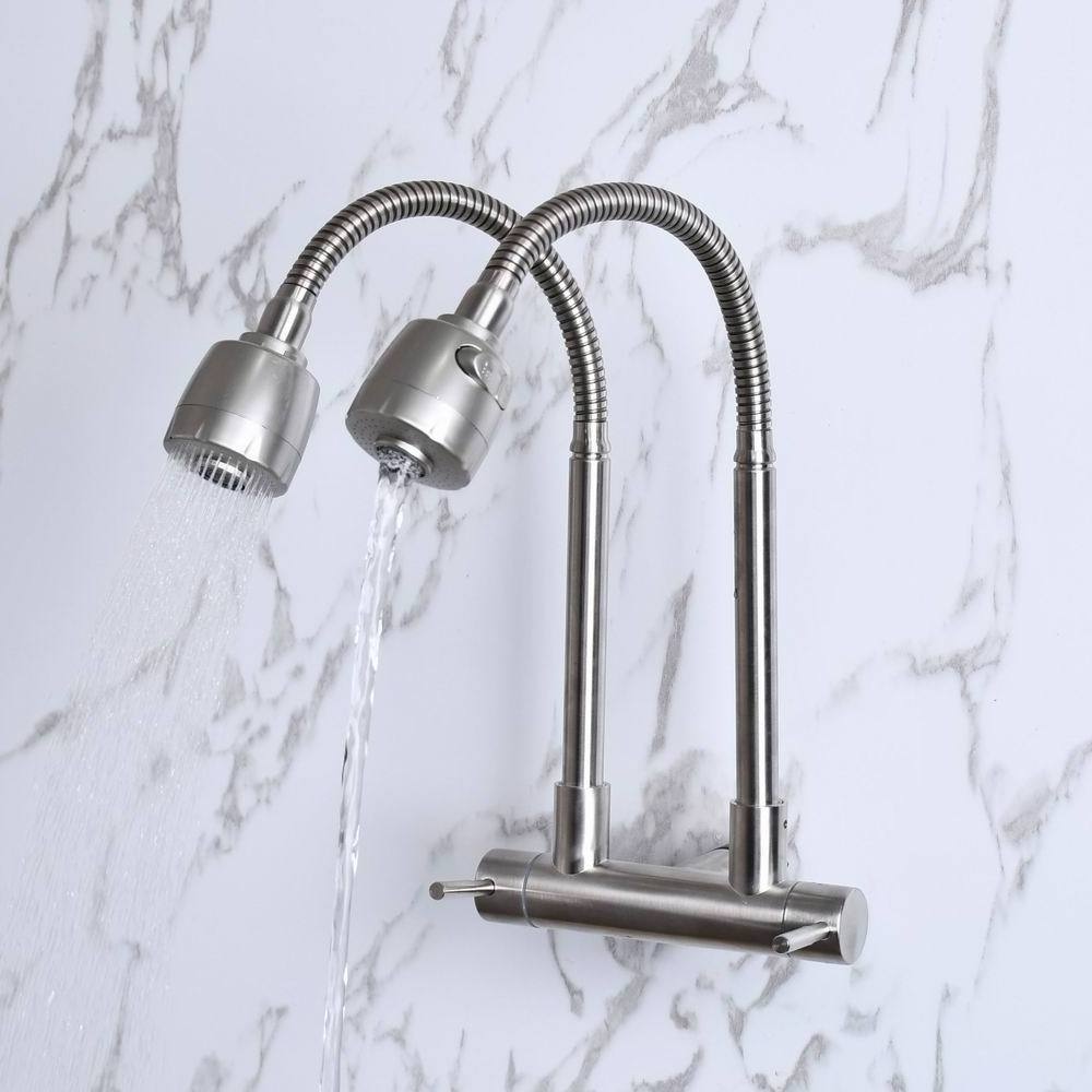 Wall Mounted 2 Ways Kitchen Faucet Two Lever Stainless Steel Cold Water Double Handle Sink Tap