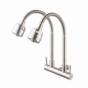 Wall Mounted 2 Ways Kitchen Faucet Two Lever Stainless Steel Cold Water Double Handle Sink Tap