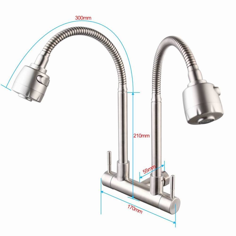 Wall Mounted 2 Ways Kitchen Faucet Two Lever Stainless Steel Cold Water Double Handle Sink Tap