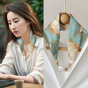 2023 New Style Summer Digital Printing Luxury Woman 100% Satin Silk Neck Scarf With Magnetic Buckle