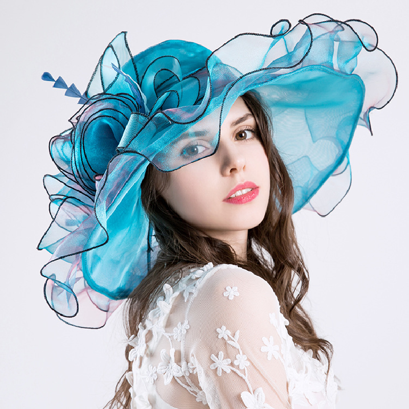 Wholesale Premium Bride Church Tea Party Sun Kentucky Derby Floral Wide Brim Fascinator Organza Hat For Ladies and Women