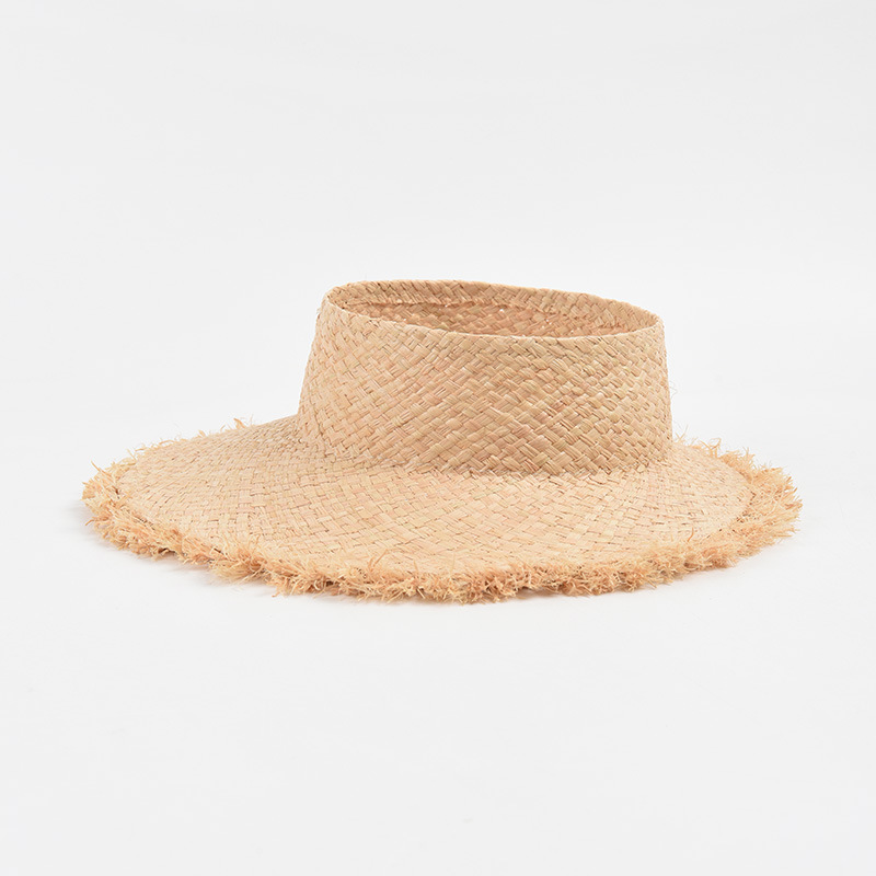 Hawaii Women Open Top  Wild Edge Natural Raffia Straw Crownless Straw Hats For Beach Travel