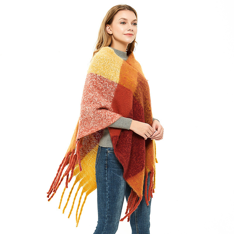 Wholesale Alpaca Mohair Feeling Scarves Wrap Shawl  Fall Plaid Cashmere Chunky Thick Knitted Long Tassel Poncho Women