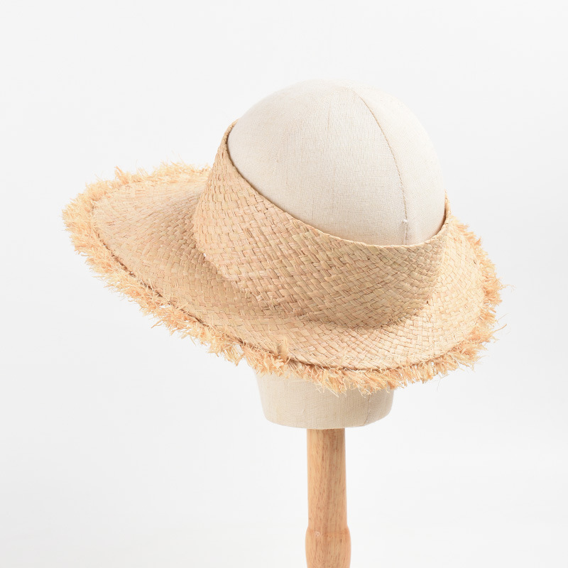 Hawaii Women Open Top  Wild Edge Natural Raffia Straw Crownless Straw Hats For Beach Travel