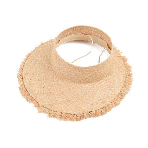 Hawaii Women Open Top  Wild Edge Natural Raffia Straw Crownless Straw Hats For Beach Travel