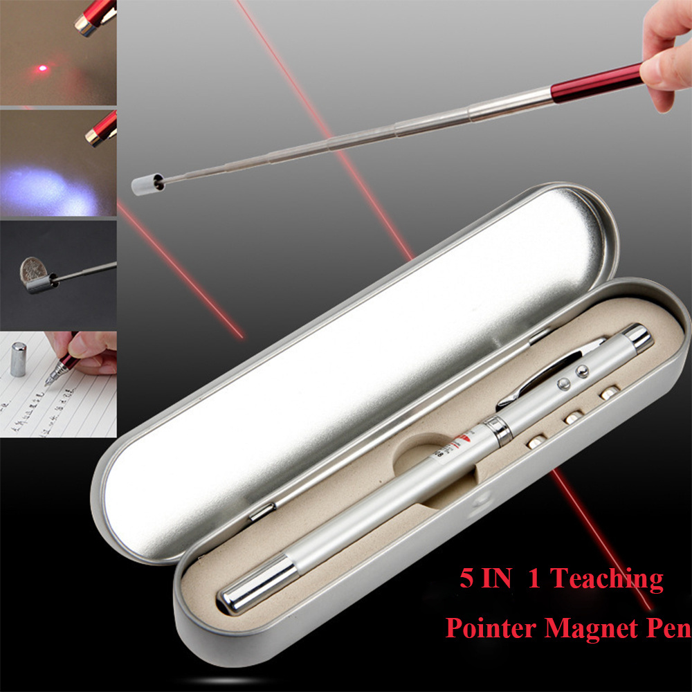 5 in 1 Red Laser Pointer Retractable Telescopic Antenna Teaching Pointer Magnet Pen LED Flashlight Ball Pen with Metal Case