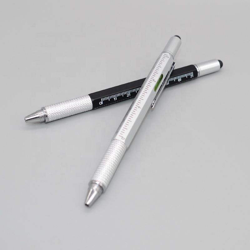 Metal and plastic  6 in 1 multi-function ball point pen ruler level stylus with screwdriver ball pen