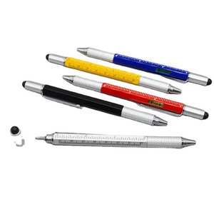 Metal and plastic  6 in 1 multi-function ball point pen ruler level stylus with screwdriver ball pen