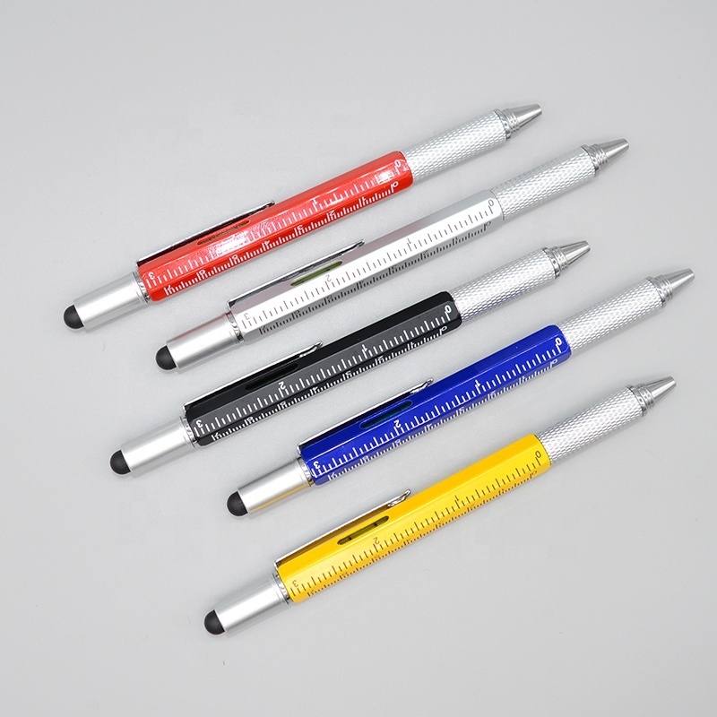 Metal and plastic  6 in 1 multi-function ball point pen ruler level stylus with screwdriver ball pen