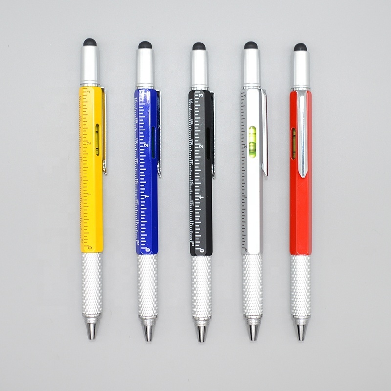 Metal and plastic  6 in 1 multi-function ball point pen ruler level stylus with screwdriver ball pen