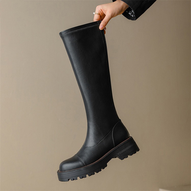 2023 New Ladies Thick Sole Winter Gothic Boots Women's Fashion Black Beige Mid Boots Round Toe Slip-On Riding Boots