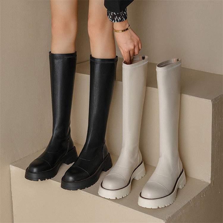 2023 New Ladies Thick Sole Winter Gothic Boots Women's Fashion Black Beige Mid Boots Round Toe Slip-On Riding Boots