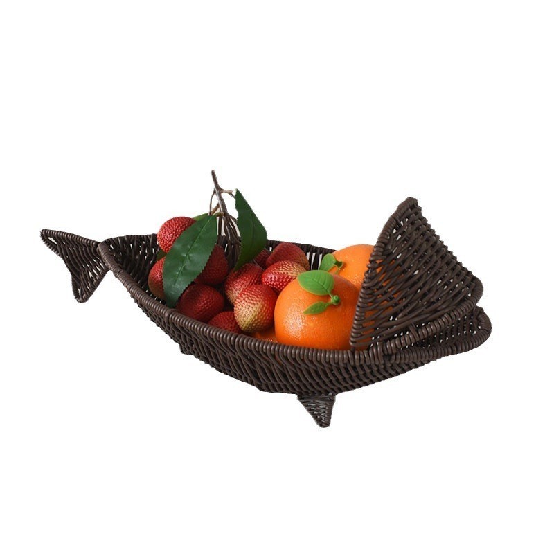 Hand-Woven PP Rattan Fish-Shaped Decorative Tray Kitchen Bread Basket for Snack and Fruit Storage